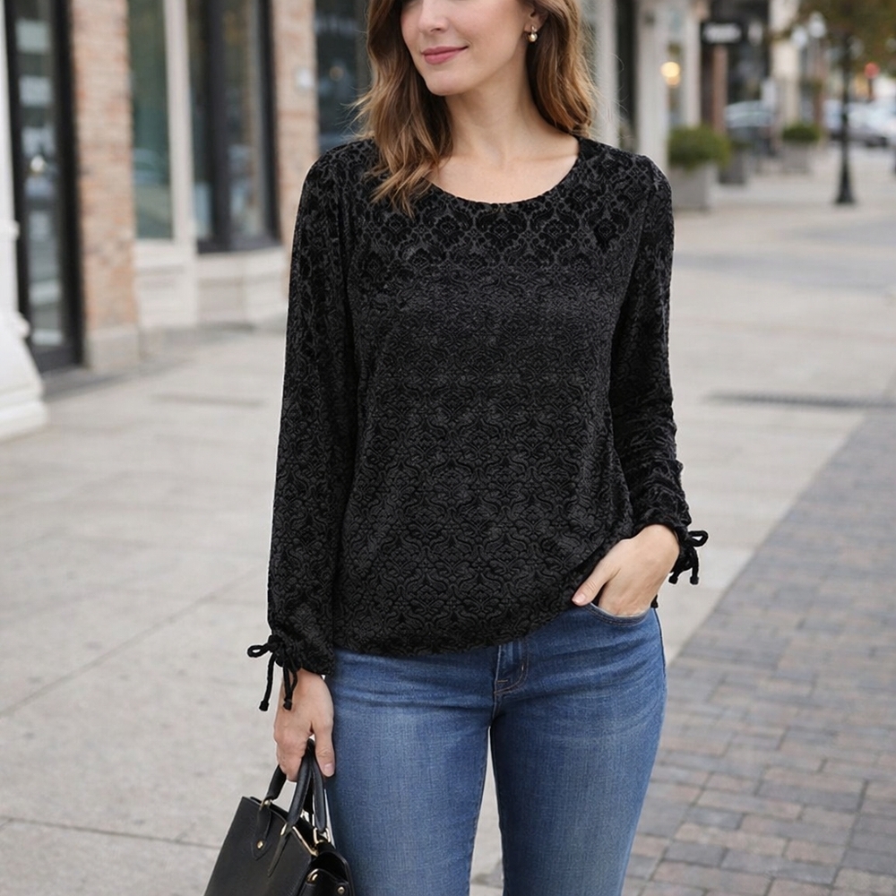Talbots Burnout Velvet Long Sleeve Blouse Black Sheer Floral Textured Top